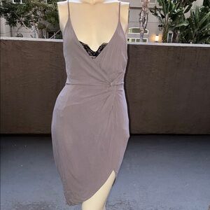 Lush Mauve Wrap-Style Mini Dress with Black Lace Trim